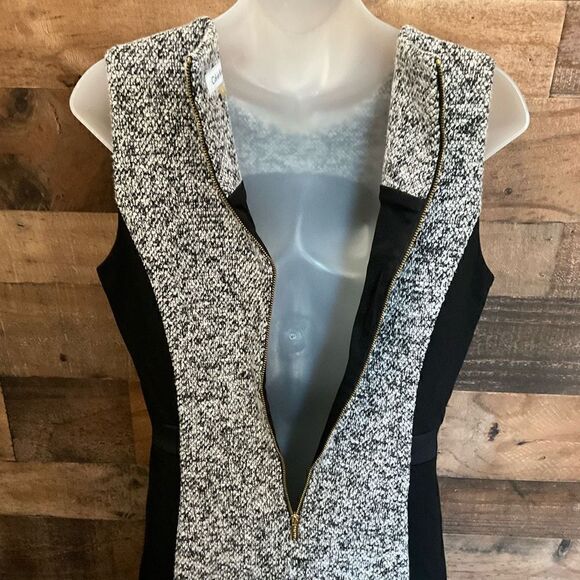 Calvin Klein Midi Sheath Dress Tweed Round Neck Black White Zip Back Back Slit 8 - Picture 9 of 11